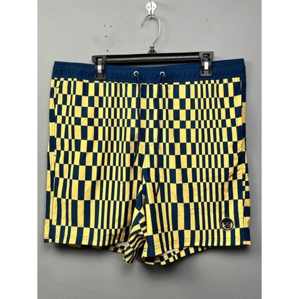 Neff Mens XL Board Shorts‎ Yellow Navy Blue Checkerboard Swim Trunks Drawstring